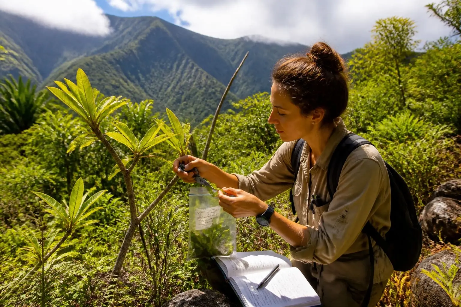 Botaniste en collecte sur le terrain à La Réunion